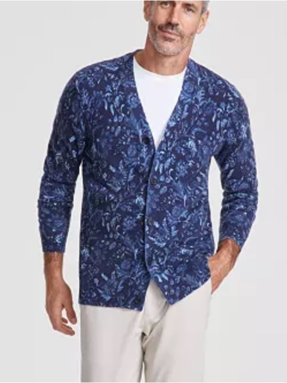 Club Room Men XL Blue Floral Printed Luxury Cashmere V-Neck Cardigan Sweater NWT